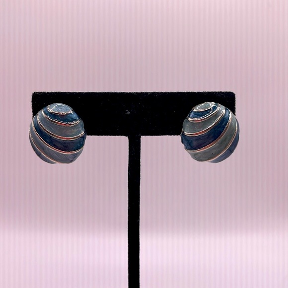 Vintage Blue Silver Tone Enamel Stud Stripes Statement Earrings - Picture 2 of 3